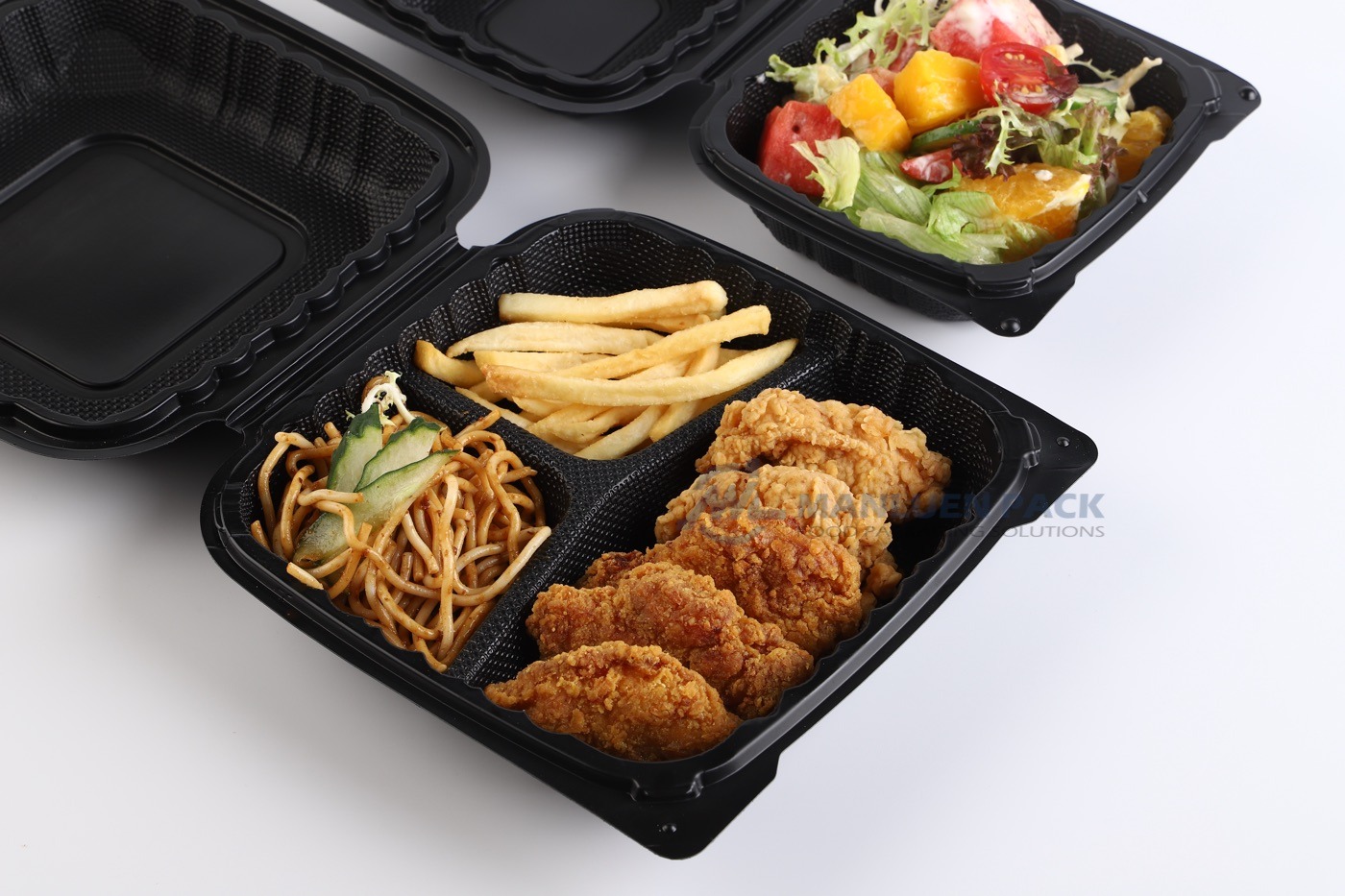 WL-P83 black 8x8 three compartment clamshell container with noodles and fried chicken