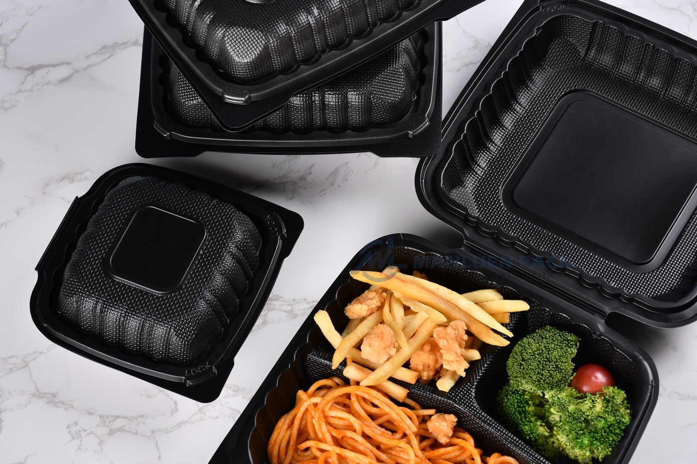 Wholesale Black Clamshell Containers | Manluen Pack black clamshell container assortment for wholesale and custom food packaging