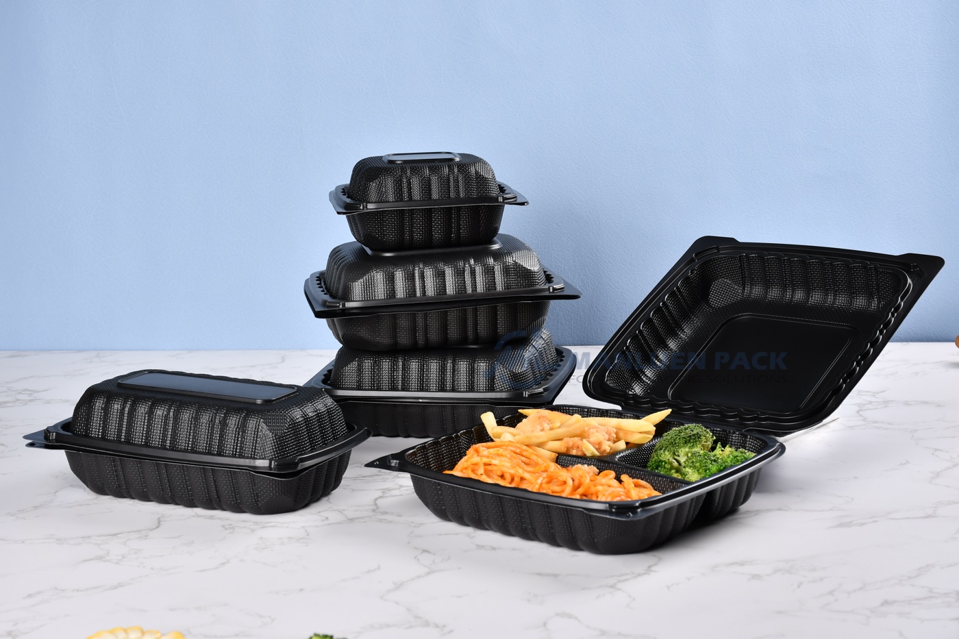 Wholesale Black Clamshell Containers | Manluen Pack black clamshell container size assortment for wholesale and custom food packaging