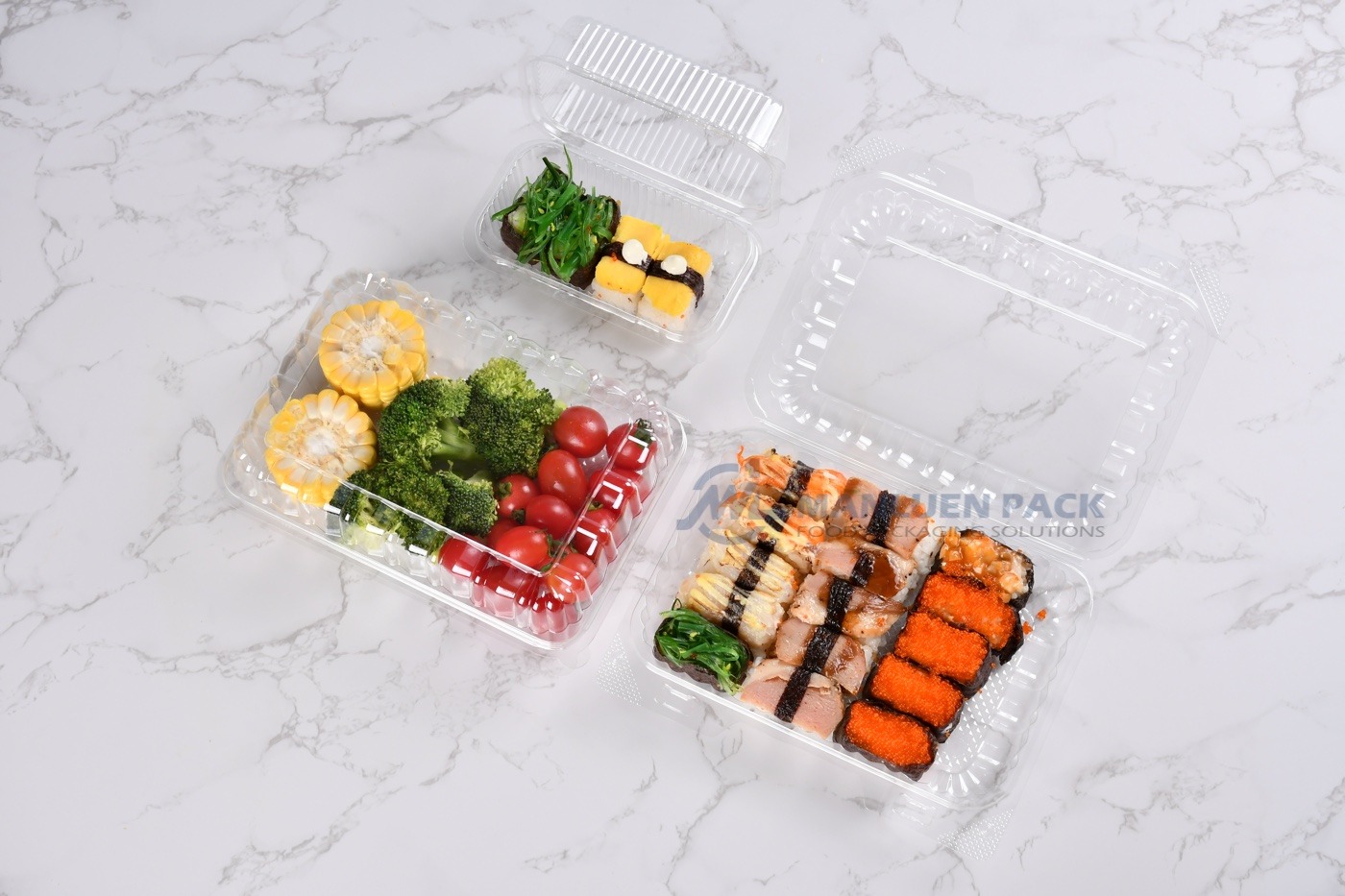 Wholesale Clear Clamshell Containers in Multiple Sizes | Manluen Pack clear hinged clamshell food containers available in multiple sizes for wholesale packaging