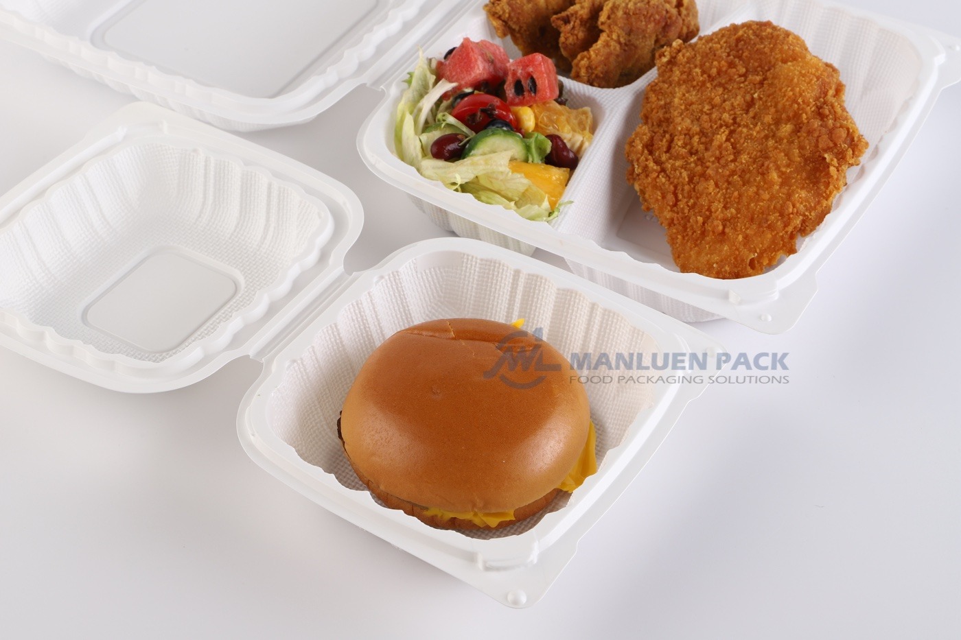 61 White Clamshell Burger And Fried Chicken Meal Scene