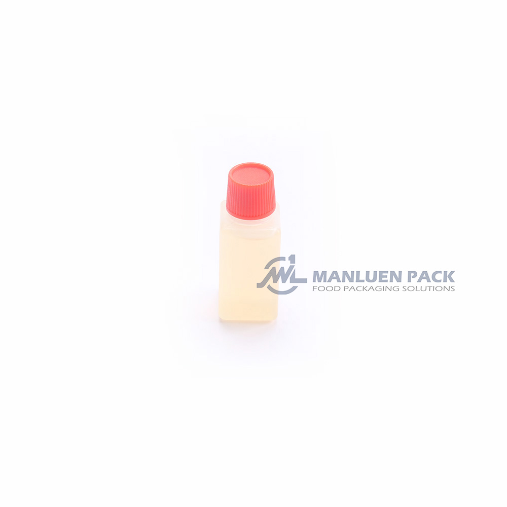 WL-6ML 6 ml Soy Sauce Bottle | Manluen Pack WL-6ML clear 6 ml disposable soy sauce bottle with red cap for sushi and bento