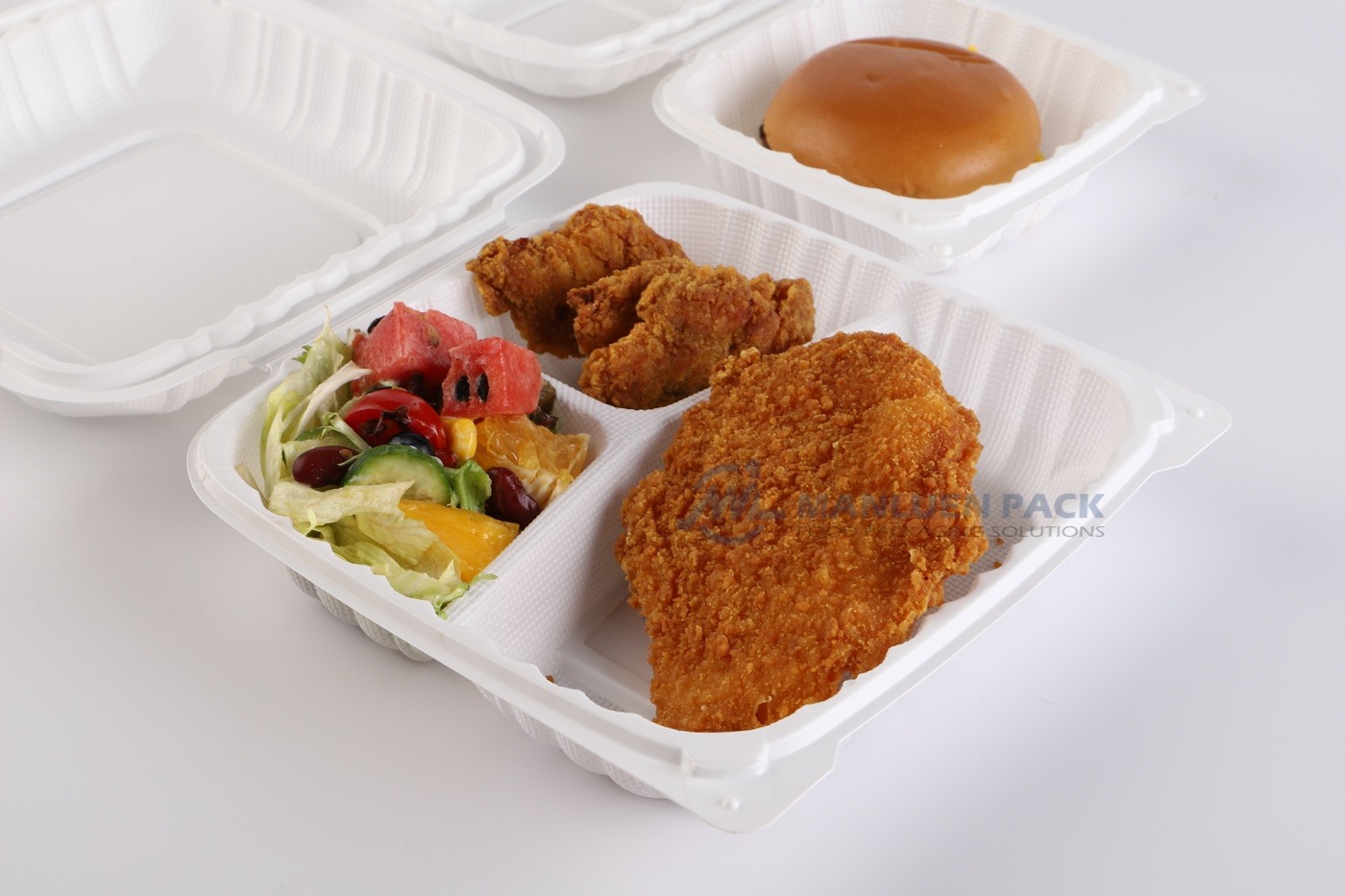 83 White Three Compartment Fried Chicken Meal Angle