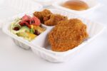 83 White Three Compartment Fried Chicken Meal Close Up