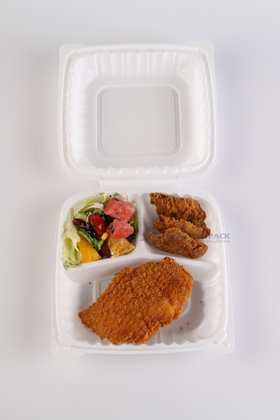 83 White Three Compartment Fried Chicken Meal Top View