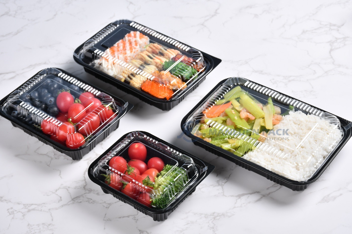 Black Bento Box Series for Wholesale Food Packaging | Manluen Pack Black disposable bento boxes and food trays series for wholesale packaging