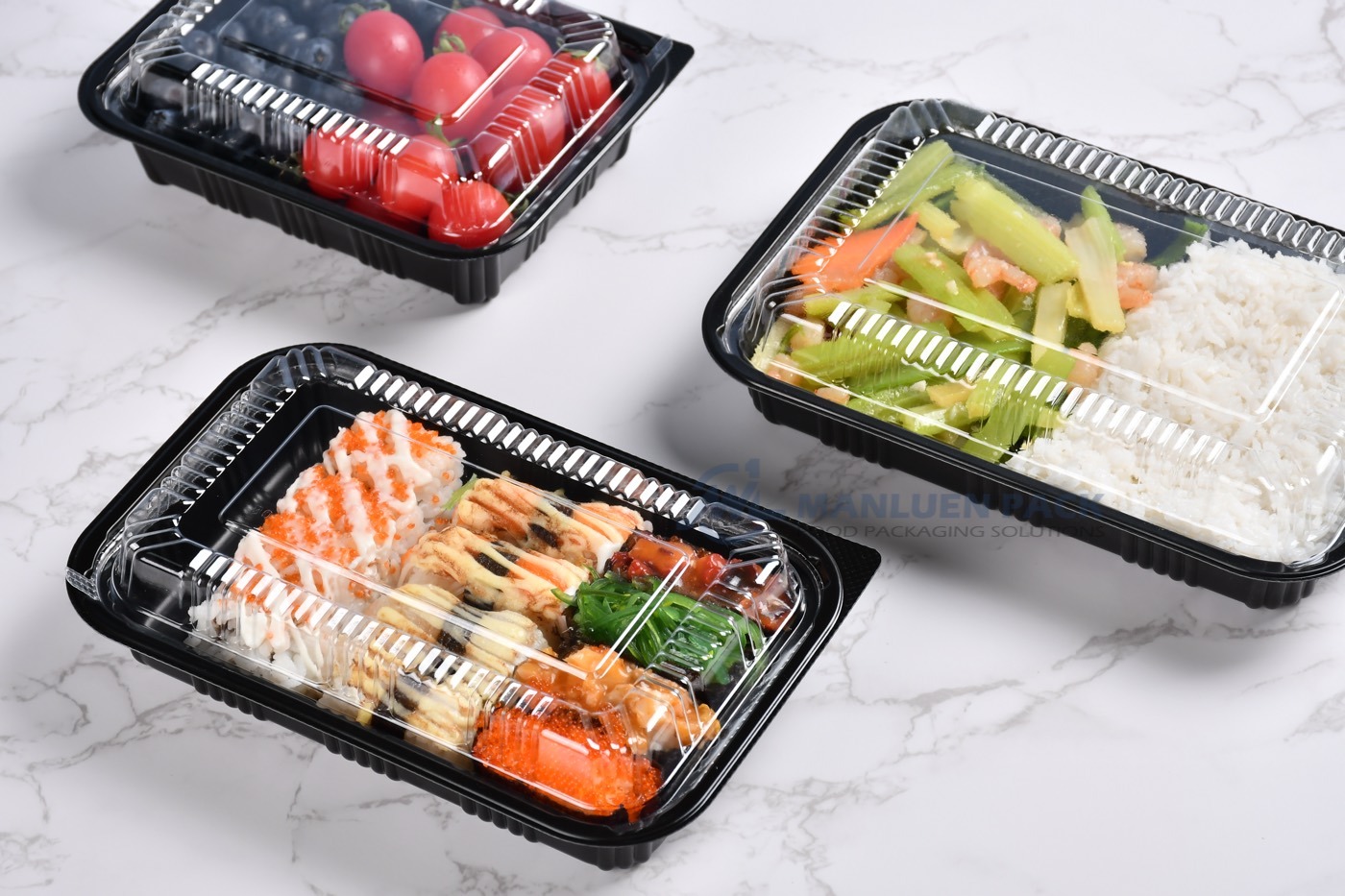 Black Single Compartment Trays With Sushi Rice And Vegetables