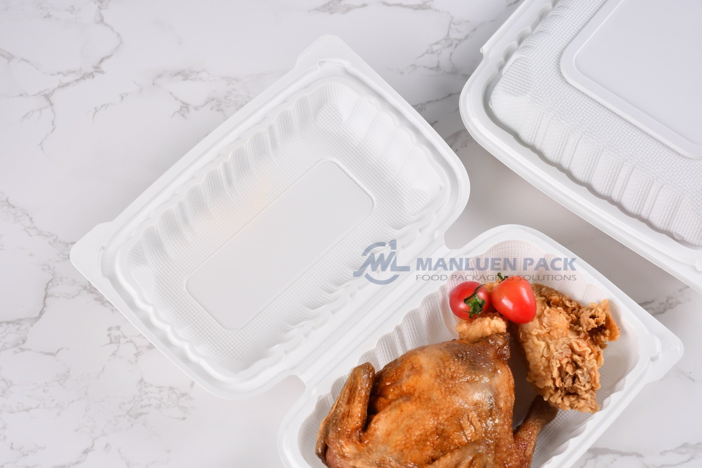 96 White Clamshell Whole Chicken Meal Close Up