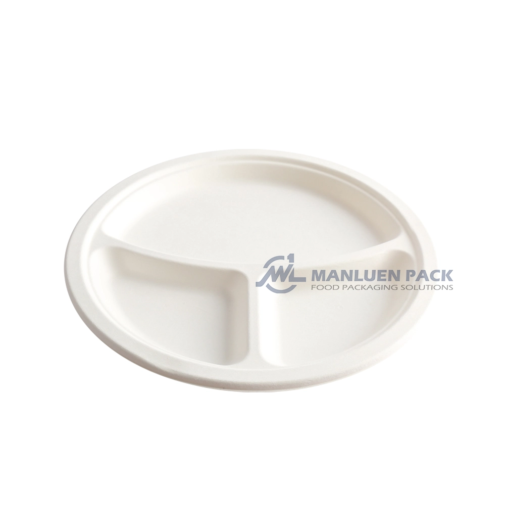 P 012 Manluen 10 Inch 3 Compartment Disposable Bagasse Plates