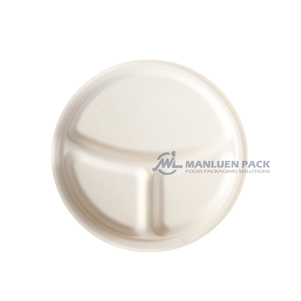 P 012 Manluen 10 Inch 3 Compartment White Bagasse Plates
