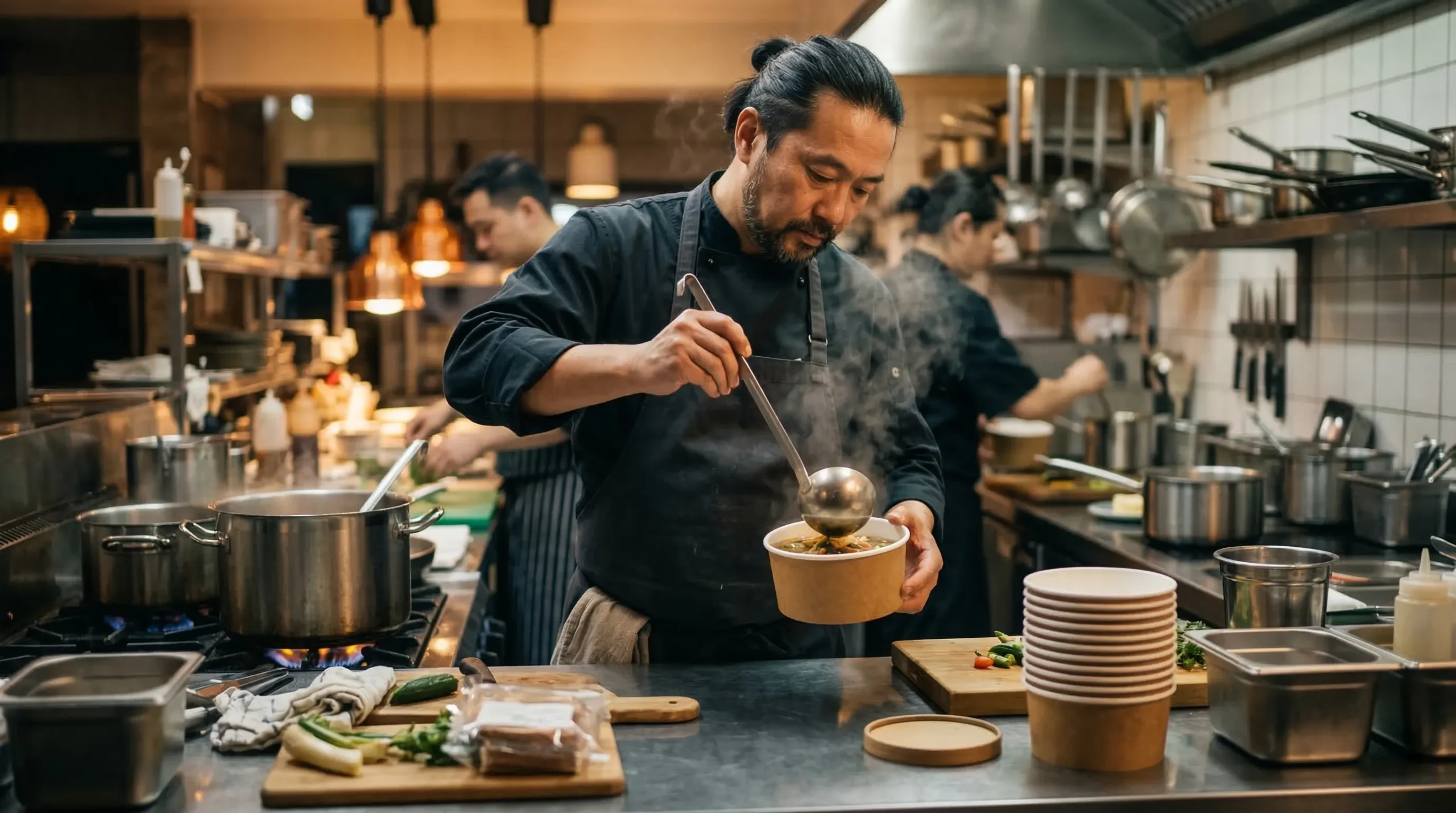 Restaurant kitchen with hot soup in disposable bowls