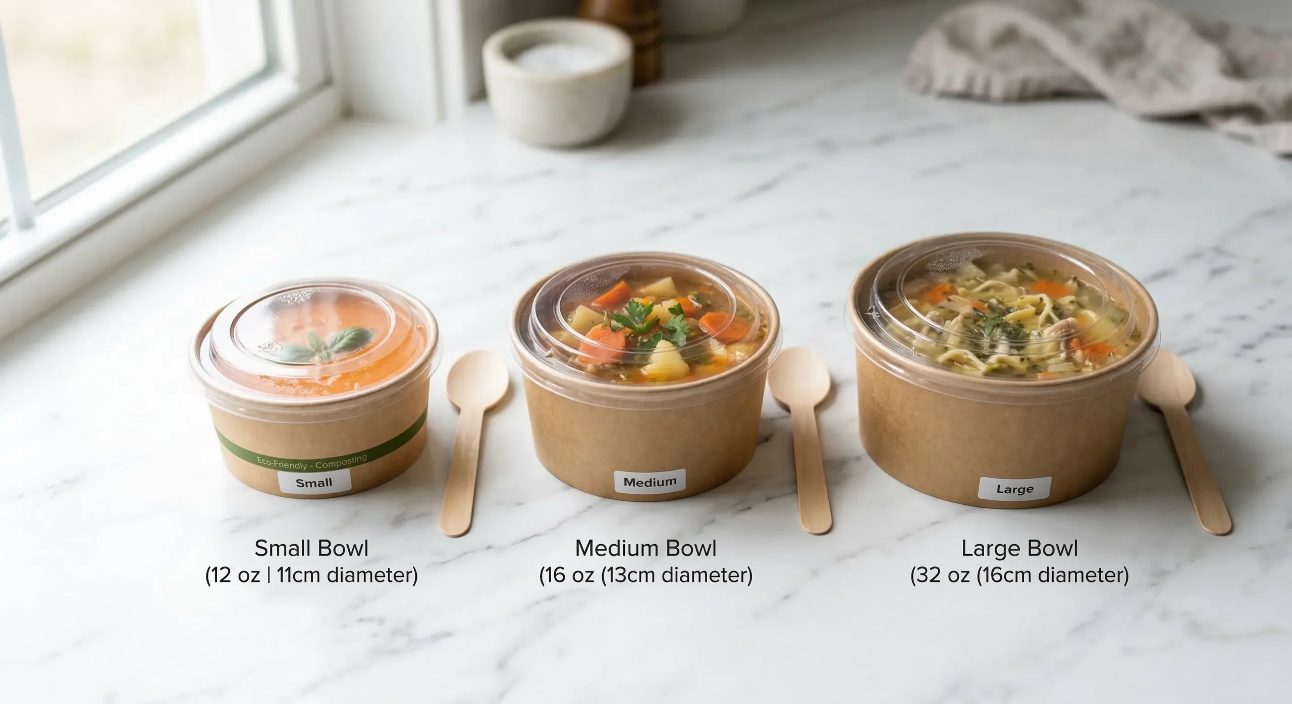 Three types of disposable soup bowls - paper, kraft, bagasse