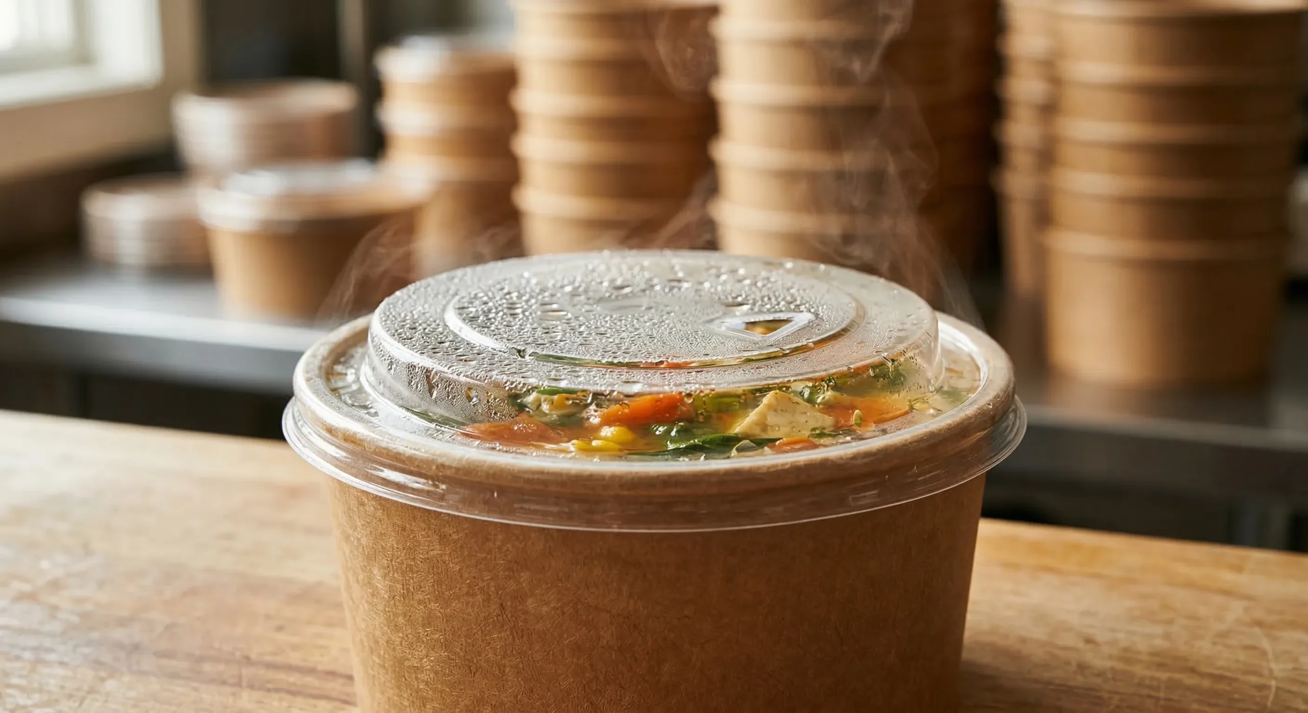 Stacked disposable soup bowls in warehouse