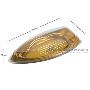 WL-B19 boat shape sushi tray shown in a gold boat tray dimension reference