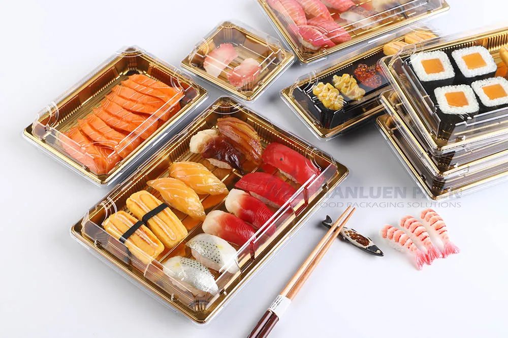 WL-09 Gold Sushi Tray Design Options | Manluen Pack WL-09 large gold sushi tray with lid for takeaway and retail food display