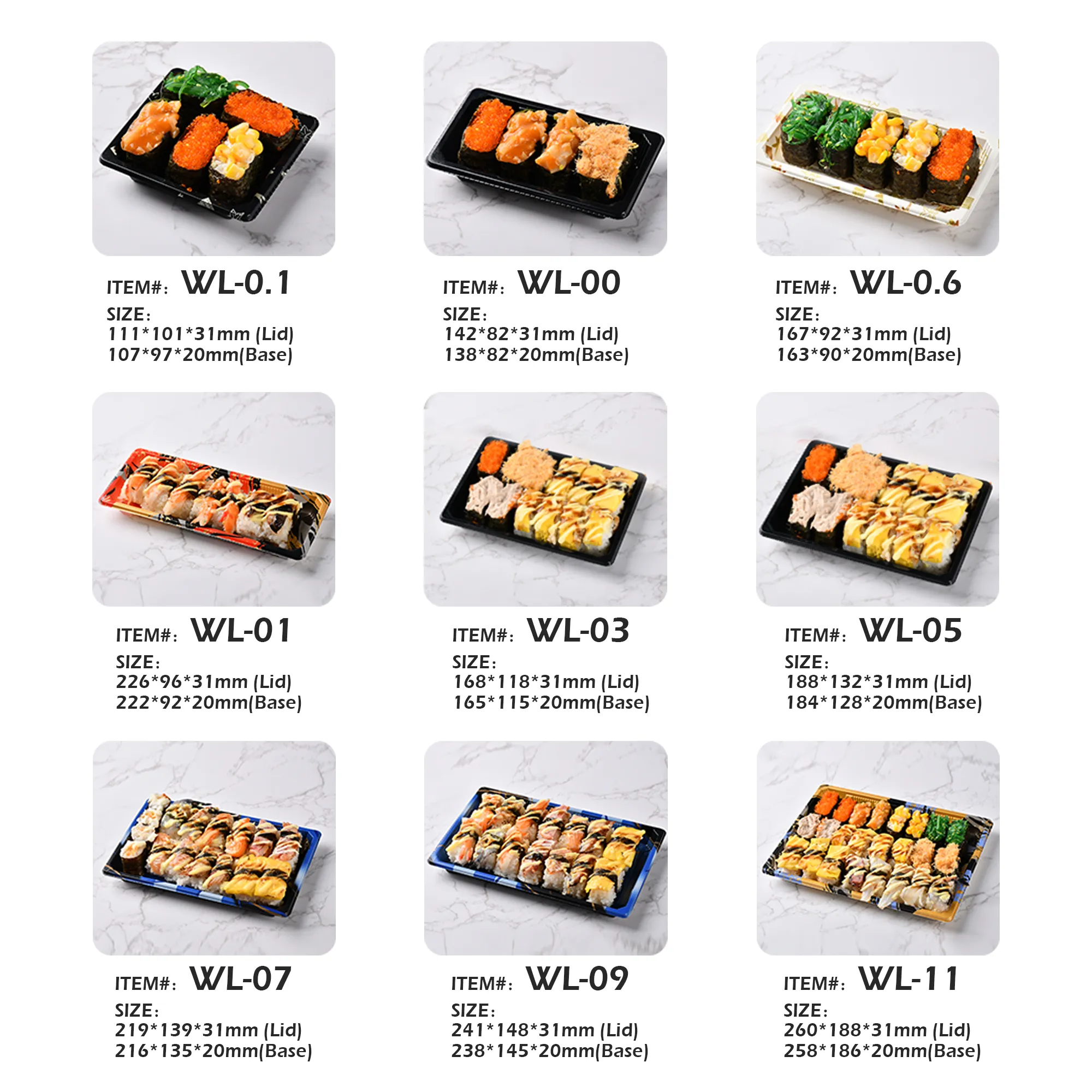 Japanese Sushi Tray Market Trends 2026: Complete Sourcing Guide for Wholesale Buyers 3 Manluen sushi tray size range comparison showing WL series sushi containers with different dimensions and food presentation styles