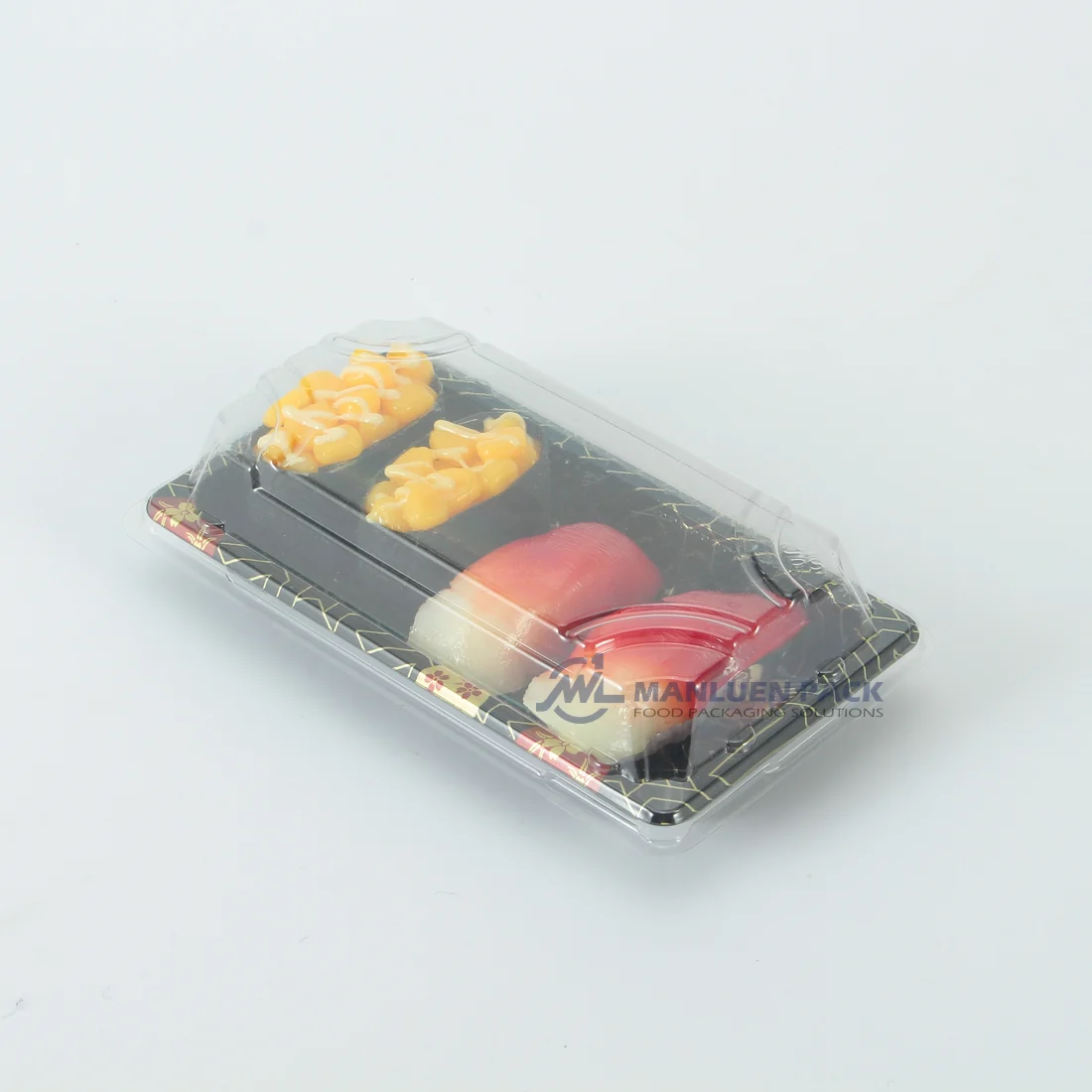 Black WL-0.6 sushi tray with clear fitted lid holding assorted sushi