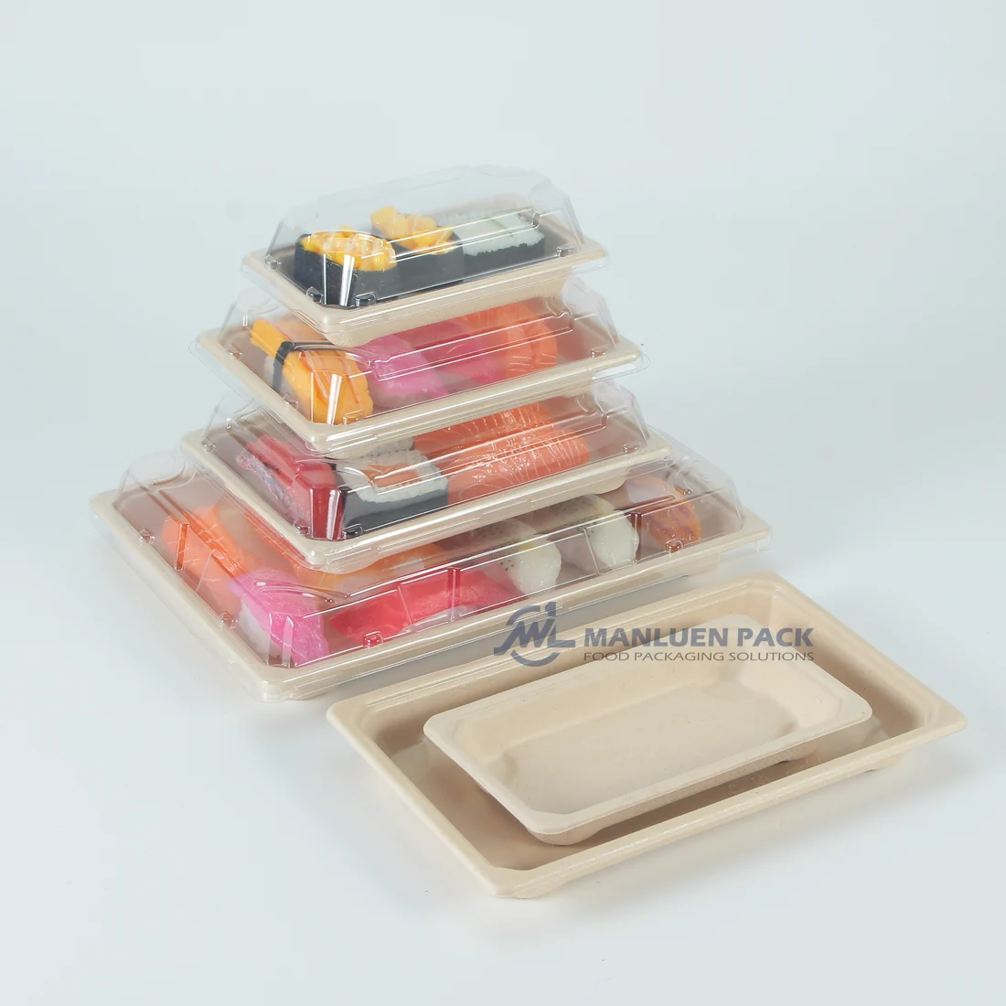 WL-0.6 Custom Size Bagasse Sushi Trays | Manluen Pack custom size bagasse sushi trays for compostable takeaway and food service packaging