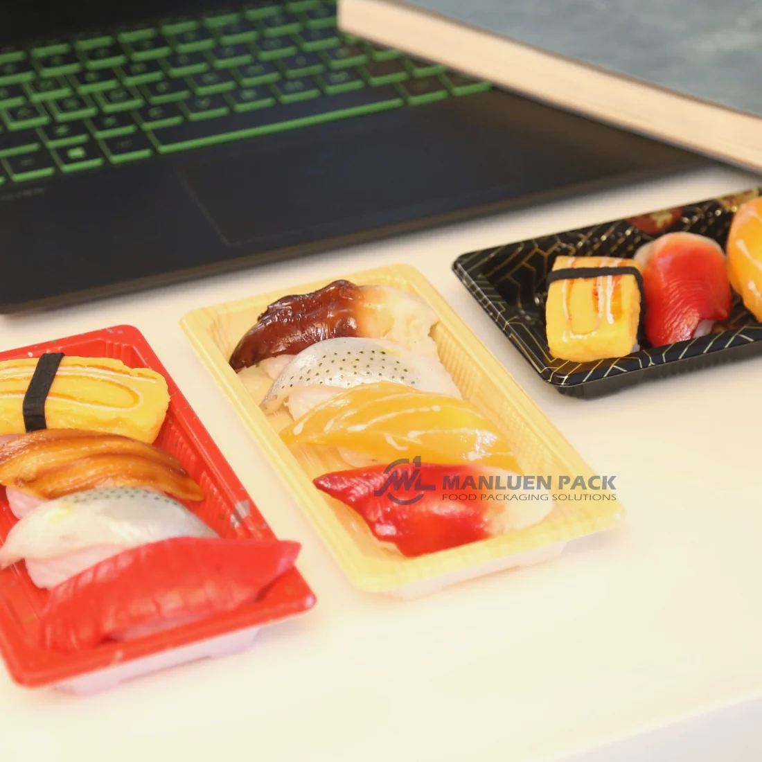 WL-0.6 Customizable Sushi Tray Range | Manluen Pack WL-0.6 sushi tray range showing customizable colors and presentation styles