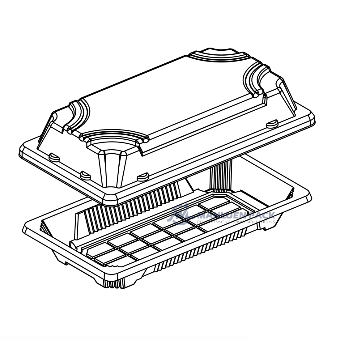 WL-0.6 Bagasse Sushi Tray Base and Lid Dimensions | Manluen Pack WL-0.6 bagasse sushi tray base and lid dimensions drawing showing packaging structure
