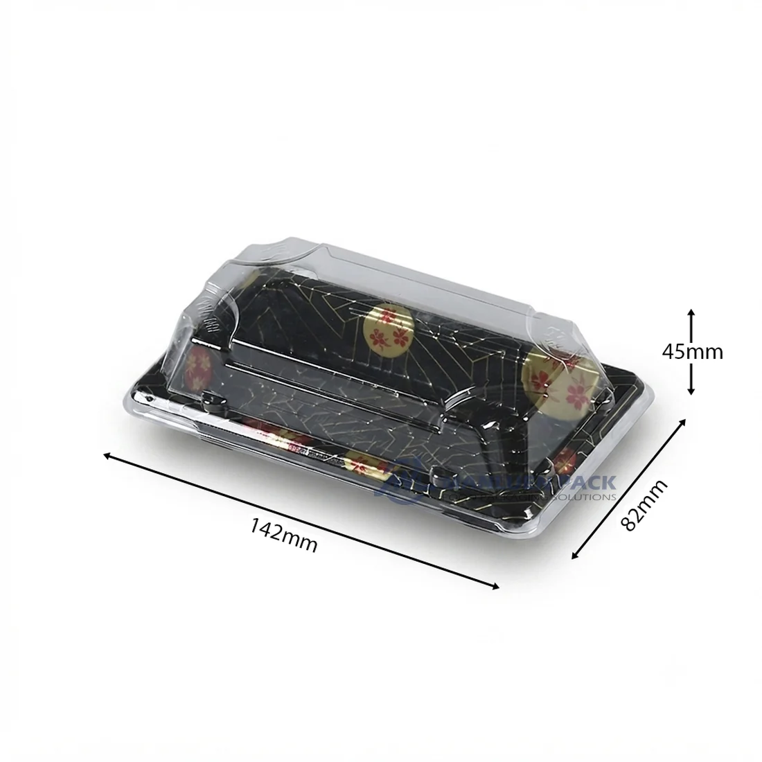 WL-00 Black Sushi Tray Dimensions | Manluen Pack Black WL-00 sushi tray with dimensional measurements for the base and clear lid