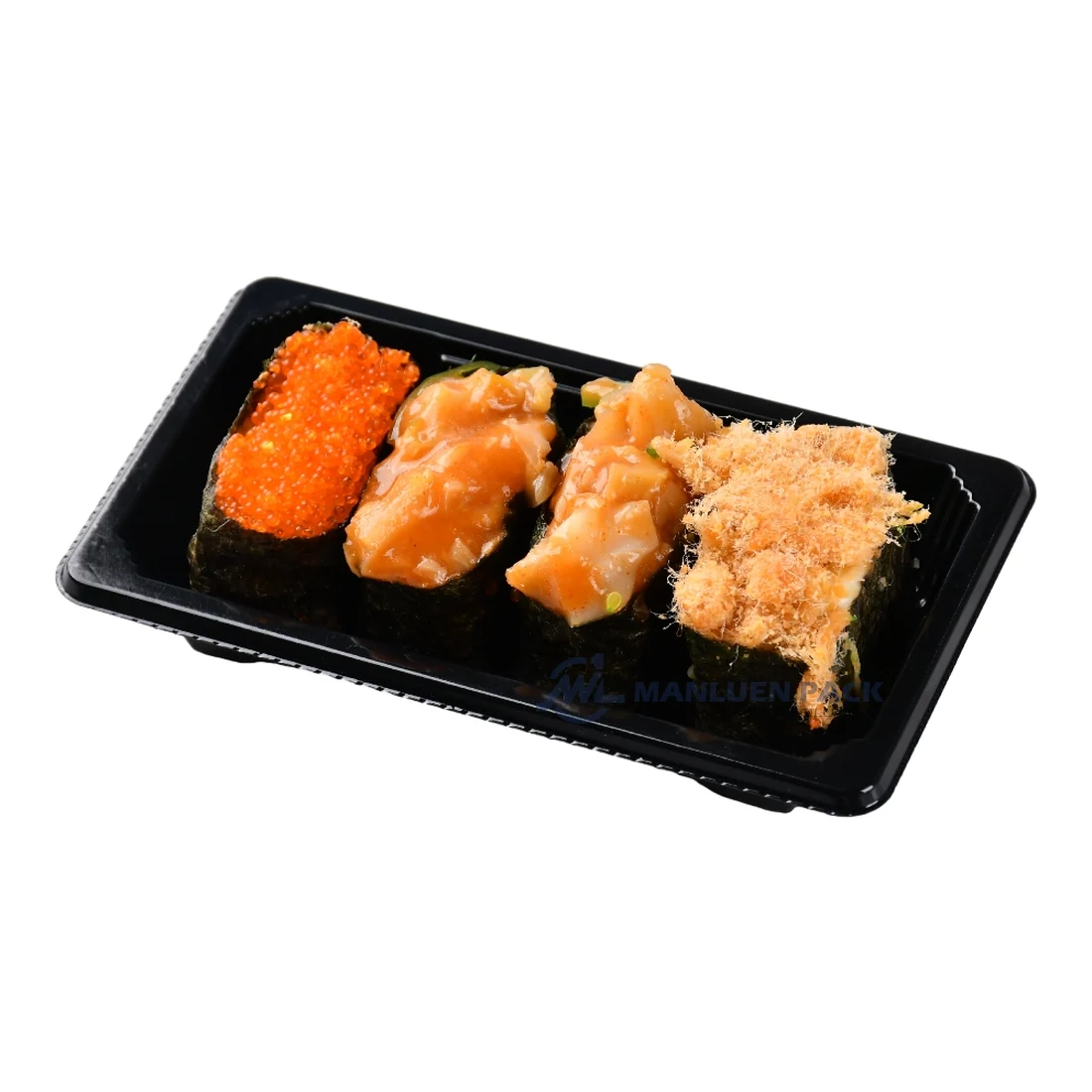 Assorted sushi served in a compact black WL-00 rectangular tray