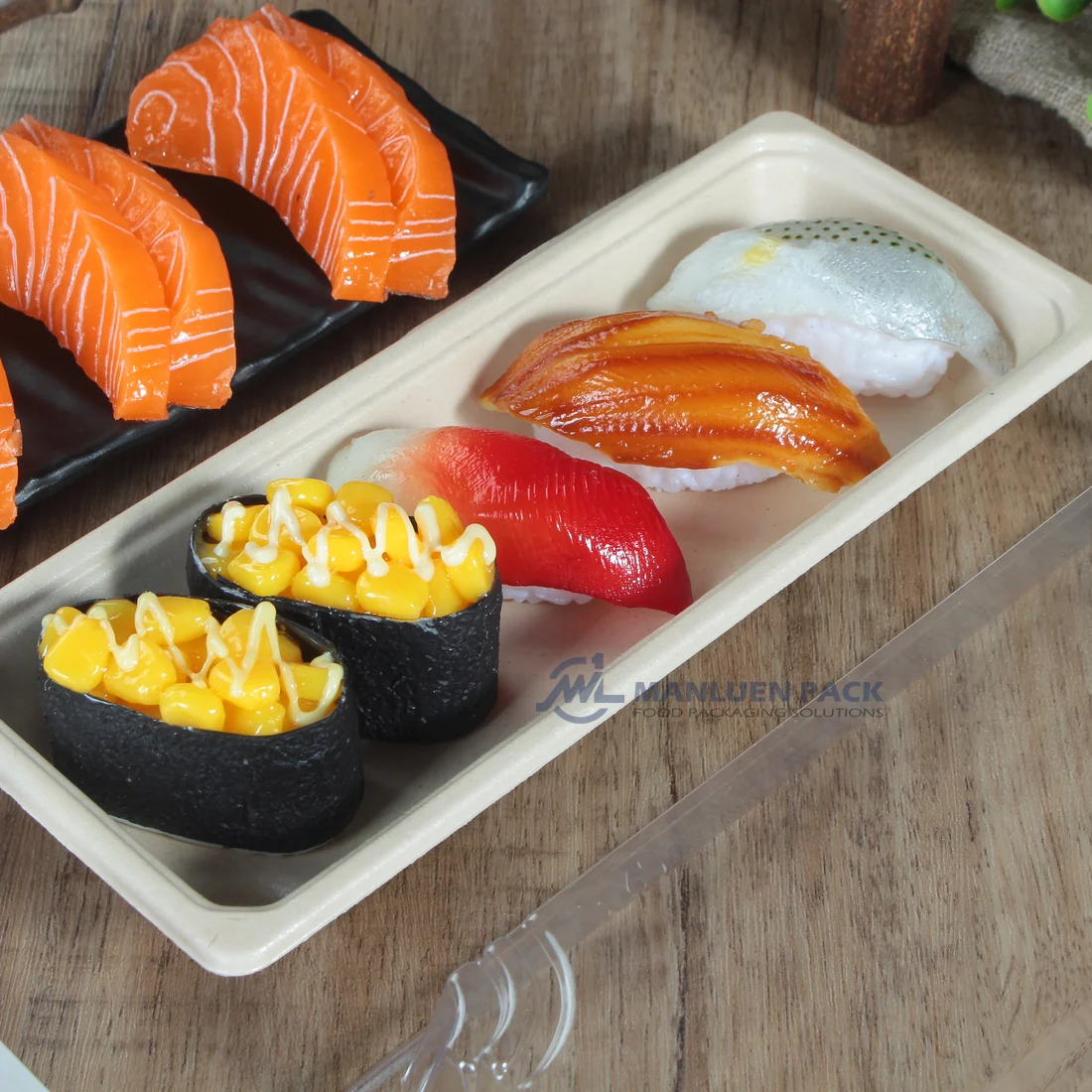 WL-01 bagasse sushi tray presenting assorted nigiri and gunkan sushi