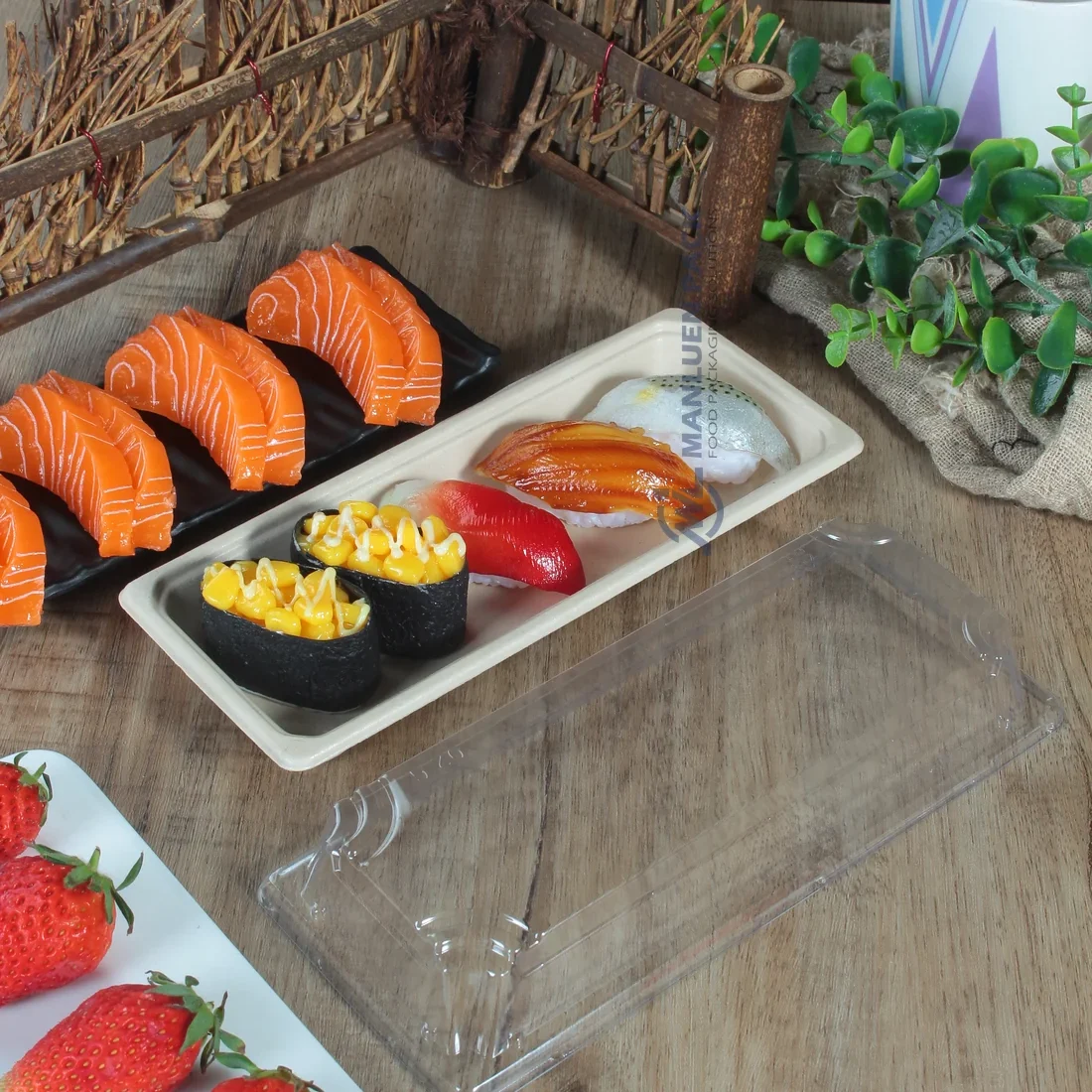WL-01 bagasse sushi tray with assorted sushi and clear fitted lid