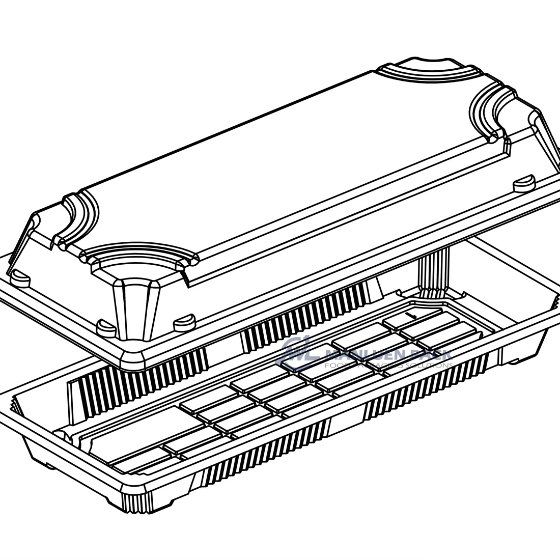 Technical line drawing of the WL-01 sushi tray base and fitted lid