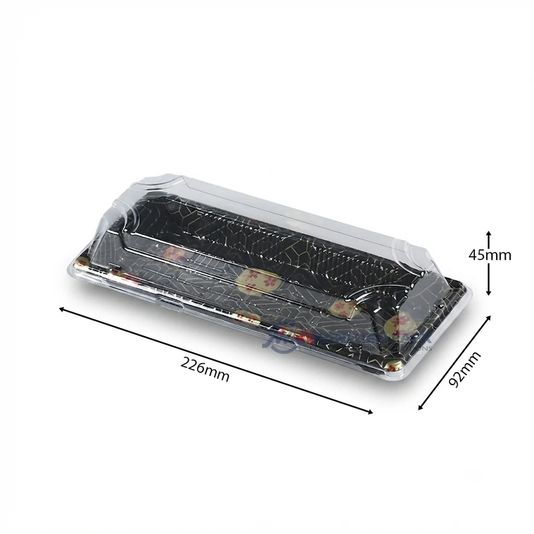 WL-01 sushi tray with clear lid shown in a dimension reference image