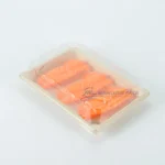WL-03 bagasse sushi tray with salmon sushi and a clear fitted lid on a white background