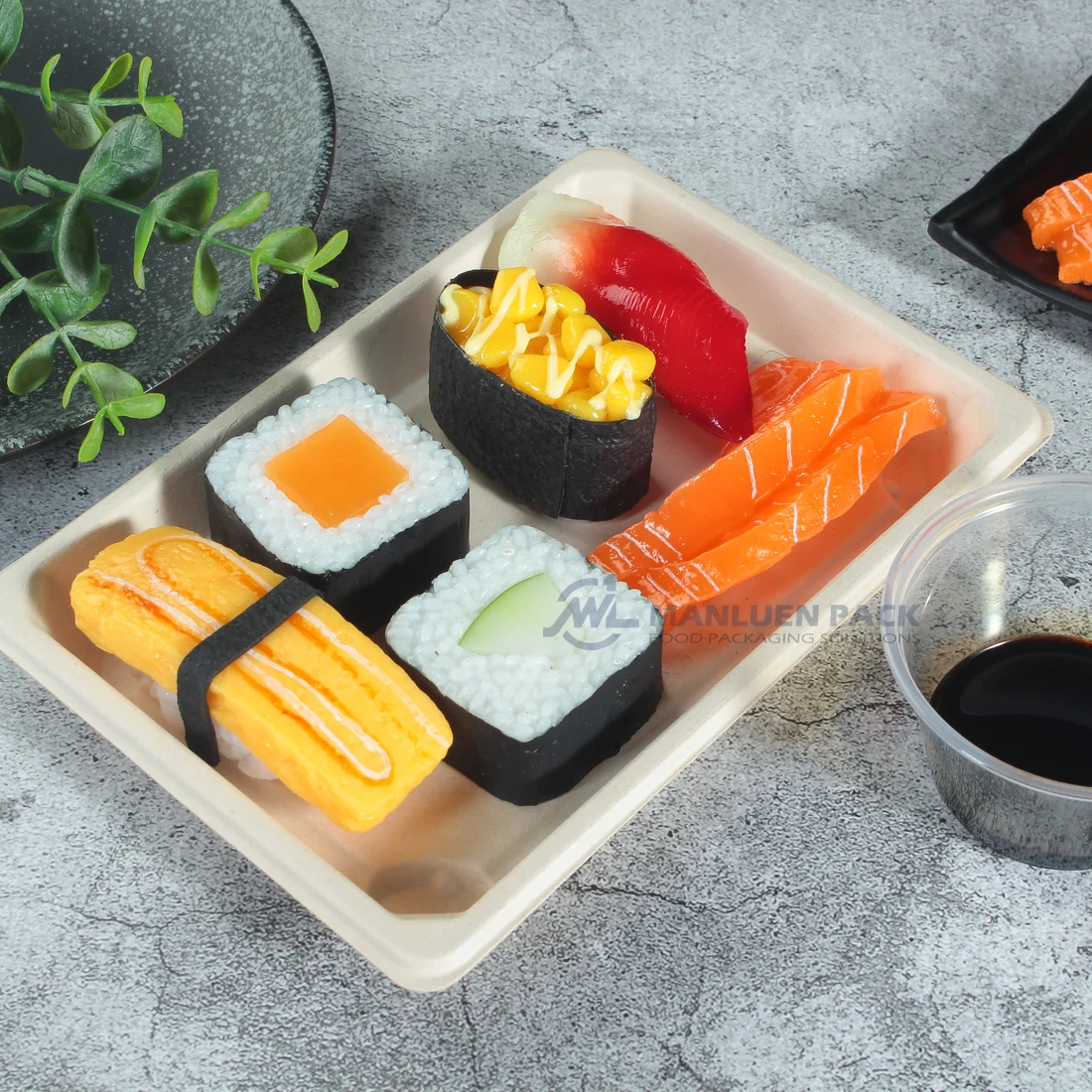WL-03 Bagasse Sushi Tray Close-Up Lifestyle | Manluen Pack Close-up of assorted sushi displayed in a natural WL-03 bagasse rectangular tray