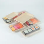 WL-03 bagasse sushi trays in multiple formats showing customizable size options