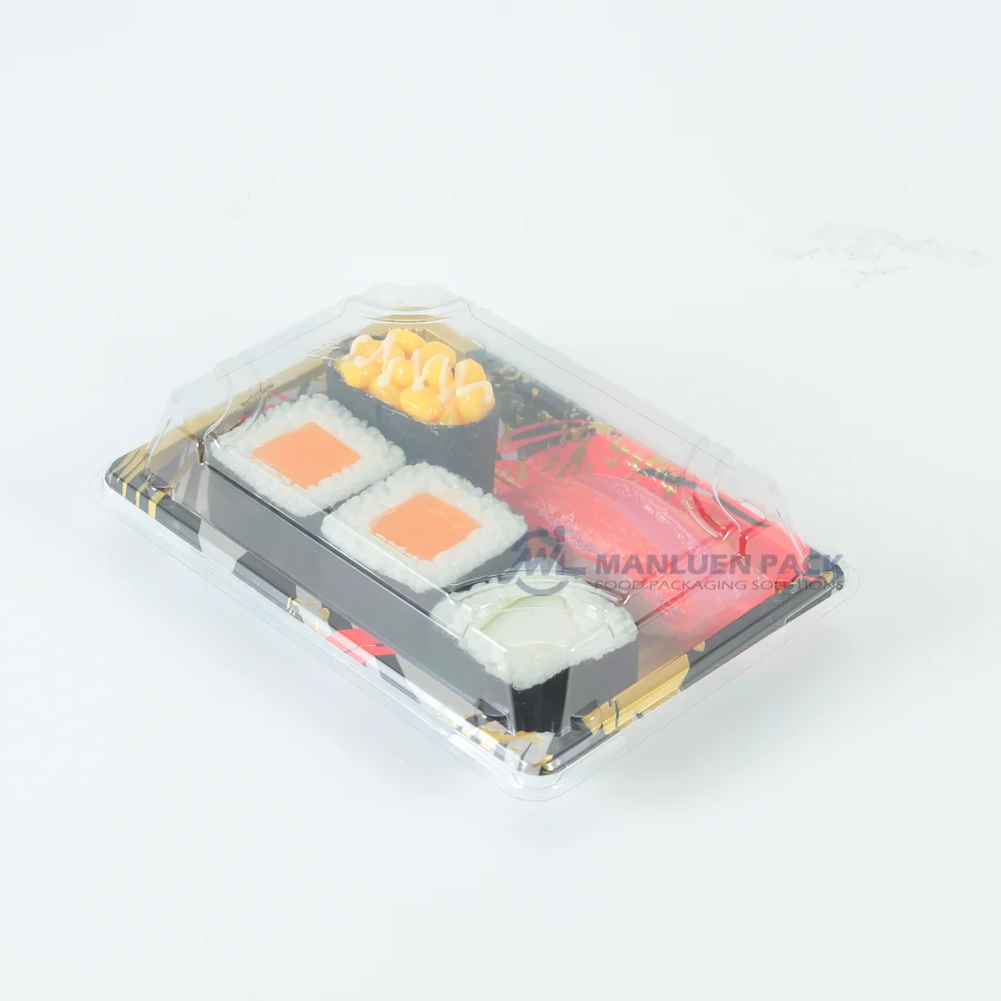 Sushi Tray Sizes & Capacity: How to Pick the Right Tray for 6, 12, 20, 40, and 100 Pieces 7 WL-03 sushi tray with a clear fitted lid holding assorted sushi on a white background