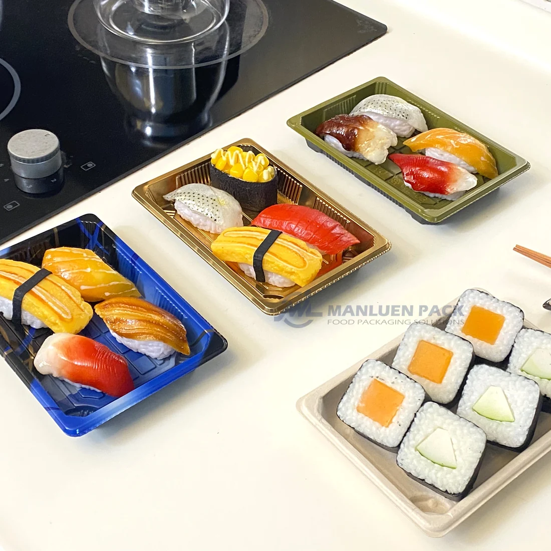 WL-03 Customizable Sushi Tray Range | Manluen Pack Assorted sushi trays demonstrating customizable size color and presentation options