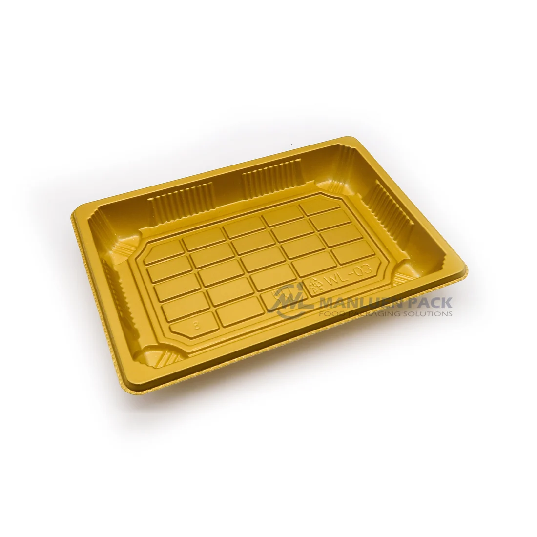 WL-03 Gold Sushi Tray Base Angled View | Manluen Pack Gold WL-03 rectangular sushi tray base photographed from a three-quarter angle