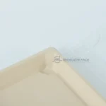 Close-up detail of a natural WL-05 bagasse tray base with clear lid