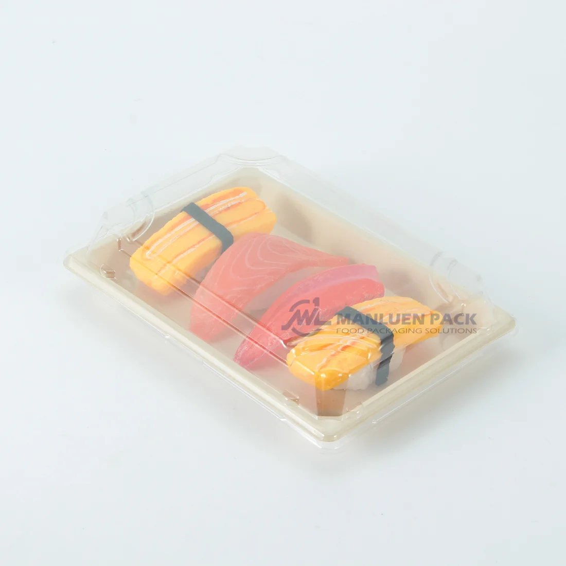 Assorted sushi packed in a natural WL-05 bagasse tray with clear lid
