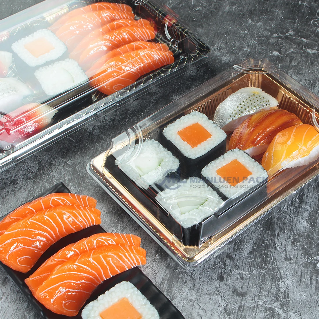 WL-05 Sushi Tray Tabletop Assortment Display | Manluen Pack WL-05 gold sushi tray tabletop display with assorted sushi under a clear lid