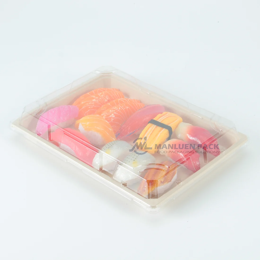 Assorted sushi packed in a natural WL-07 bagasse tray with clear lid