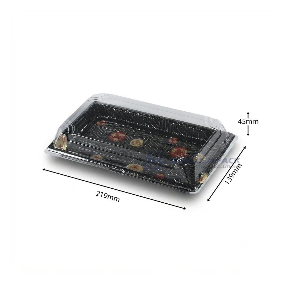 Black WL-07 sushi tray shown in a product dimension diagram