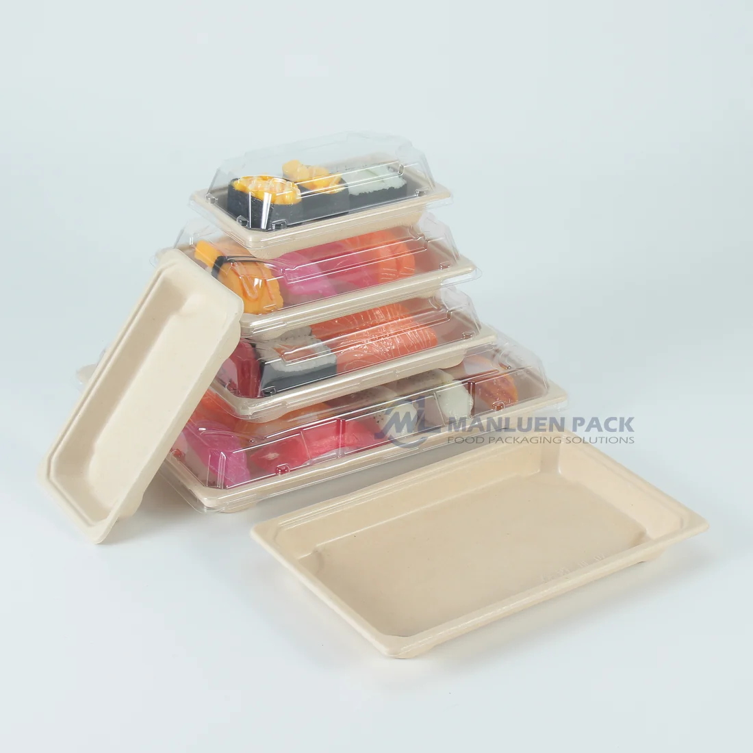 Wholesale Bagasse Sushi Tray Size Range | Manluen Pack Wholesale bagasse sushi tray size range for restaurants, catering and bulk food packaging orders