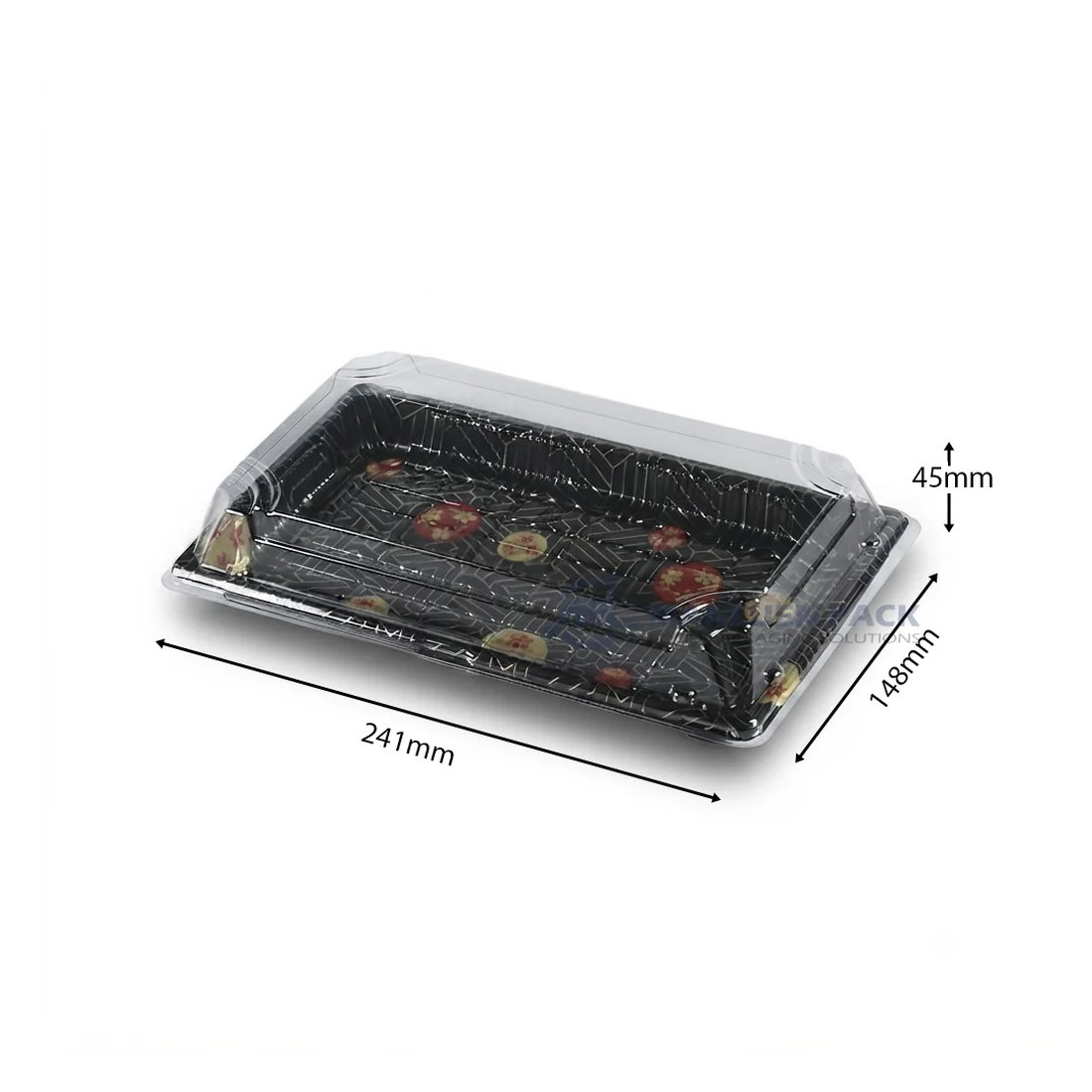 Black WL-09 sushi tray shown in a product dimension diagram