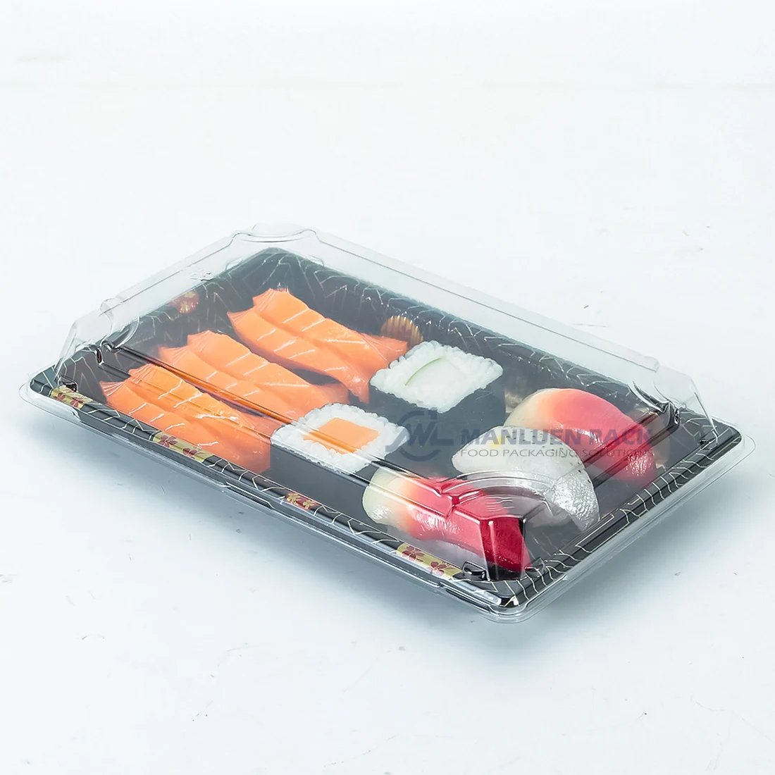 Assorted sushi packaged in a WL-09 tray with a clear fitted lid