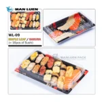 WL-09 sushi tray presentation graphic showing multiple decorative design options