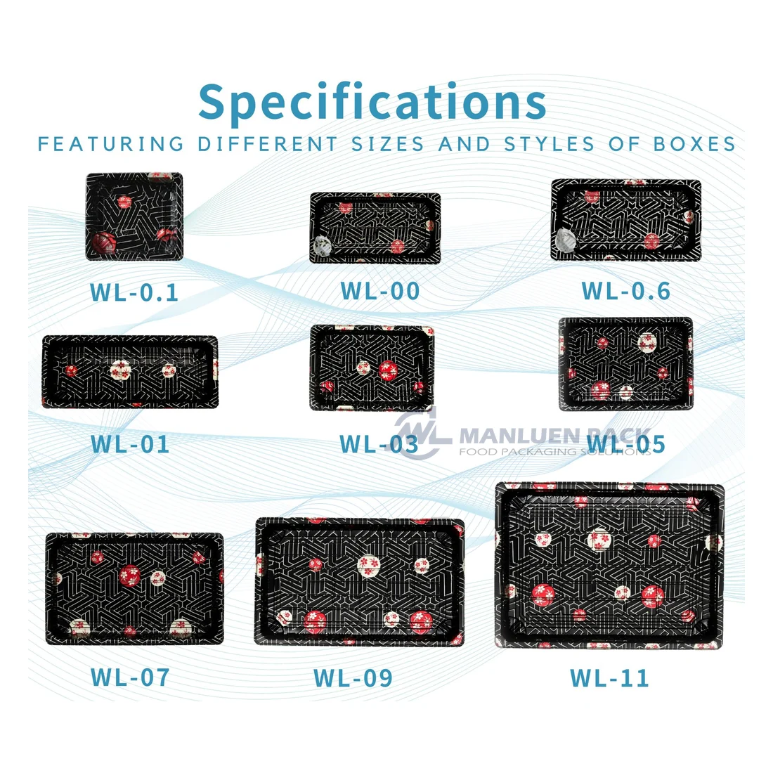 WL Sushi Tray Custom Size Range Chart | Manluen Pack WL sushi tray custom size range chart showing customizable packaging options