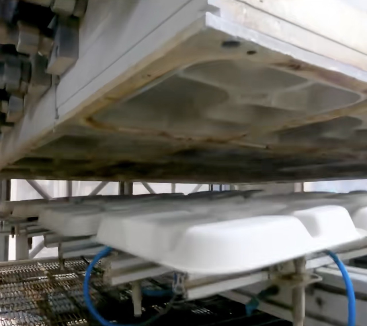 What Is Bagasse Packaging? 6 Hot press molding machine producing white bagasse food containers from molded fiber material