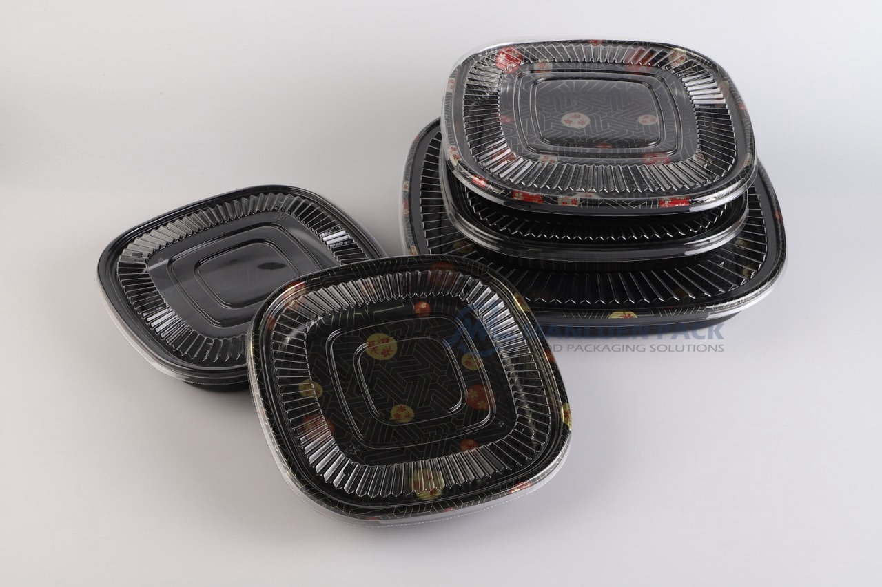 Black Square Party Tray With Clear Lid Sushi Packaging