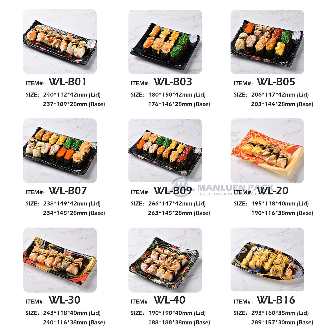 Custom Sushi Tray Size Overview | Manluen Pack Square overview image showing custom sushi tray sizes and boat-shaped container options