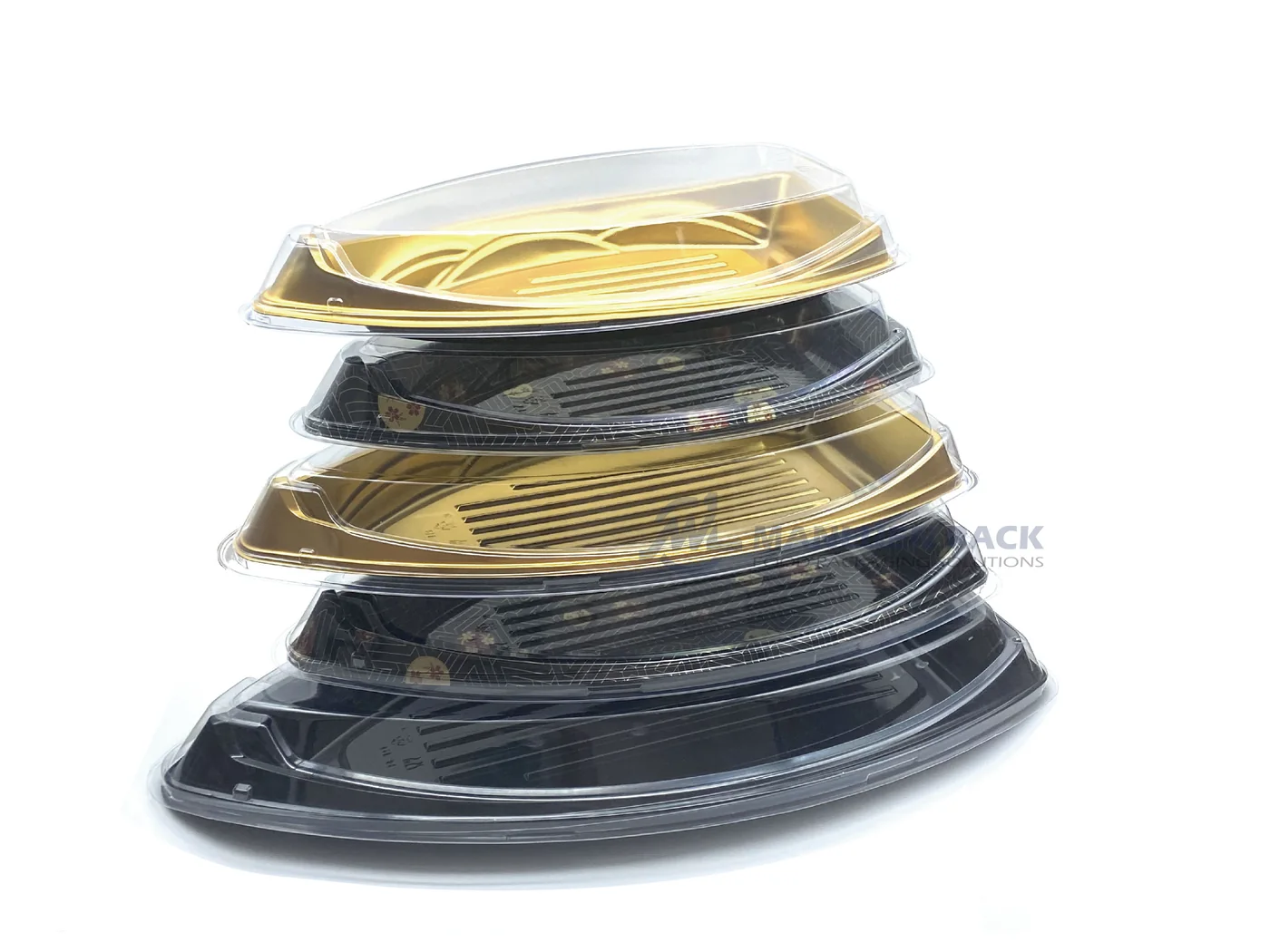Boat Sushi Tray Size Range for Food Service | Manluen Pack Stacked range of disposable boat sushi trays in different sizes for refrigerated food display